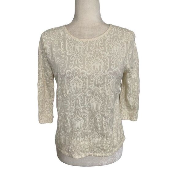 j crew womens solid ivory Crew Neck embroidered long sleeve top small - Picture 1 of 5